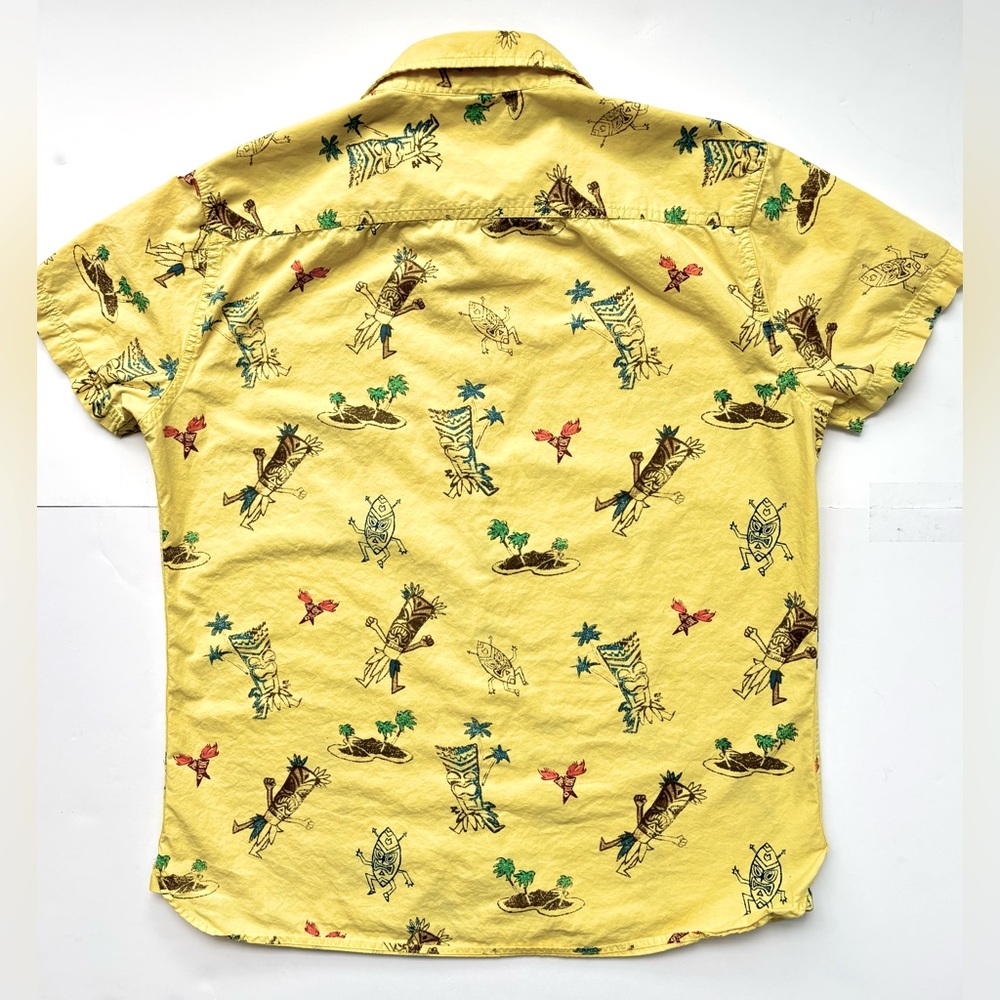 VTG Hang Ten Tiki Print Yellow Short Sleeve Button Down Summer Party Shirt Sz L - Picture 10 of 12